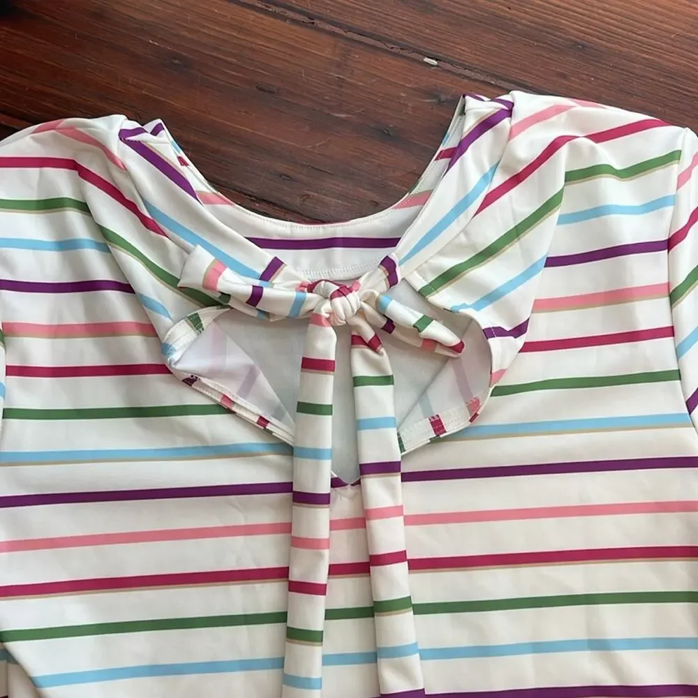 NWT Kate Spade striped short sleeve crewneck modest bikini swimsuit set sz L